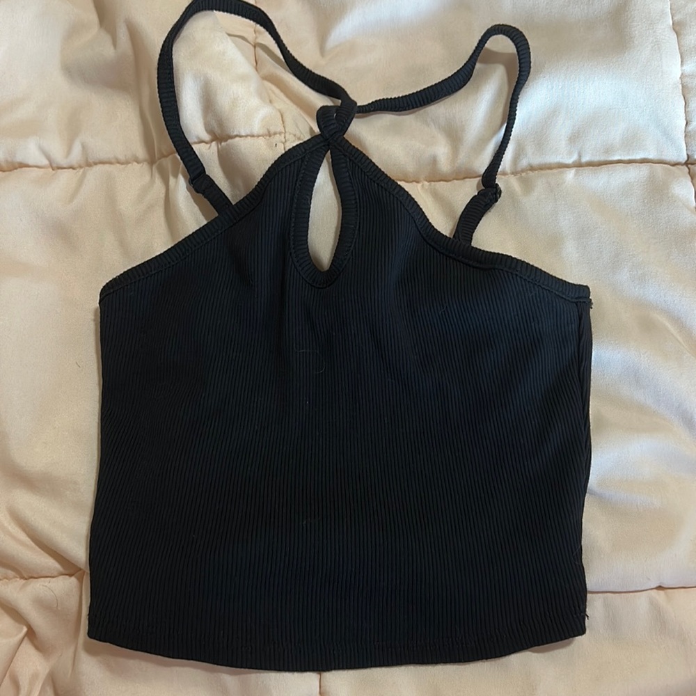 black crop top with cross shoulder